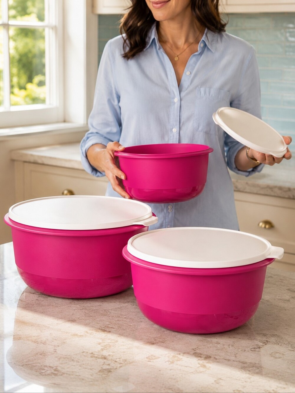 Tupperware Ultimate Mixing Bowls Radish Pink 3.5L 6L 9.5L Lids 6 Pc